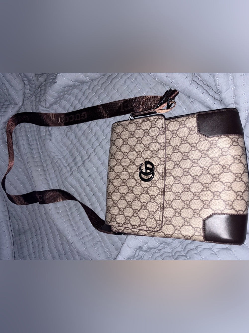 Gucci Beige GG Monogram Crossbody with Brown Trim